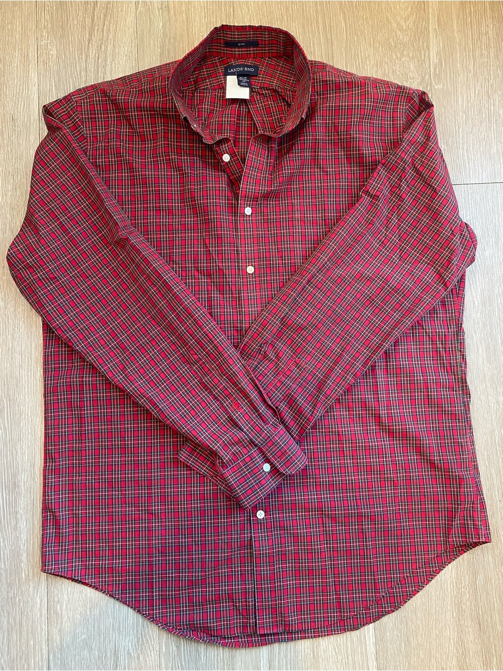 Lands' End Mens XL Tailored Fit Plaid Button Down Shirt No Iron 100% Cotton Red